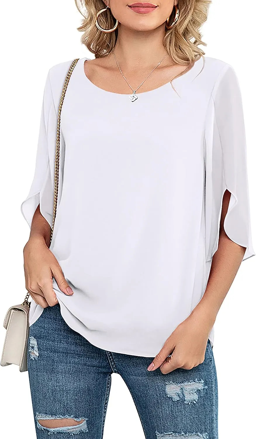 Neineiwu Womens Casual Scoop Neck Loose Top 3/4 Sleeve Chiffon Blouse Shirt Tops