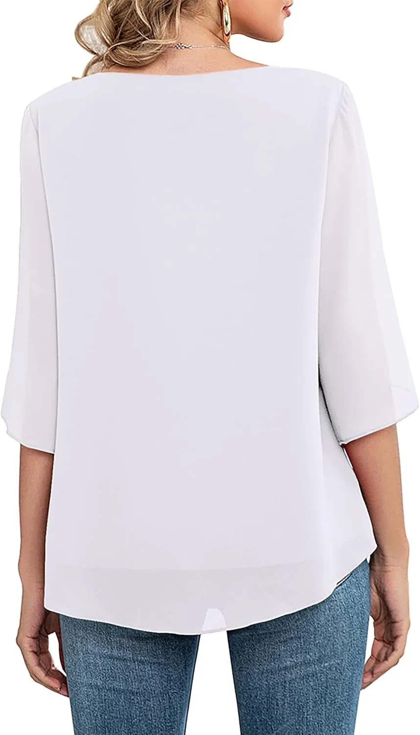 Neineiwu Womens Casual Scoop Neck Loose Top 3/4 Sleeve Chiffon Blouse Shirt Tops