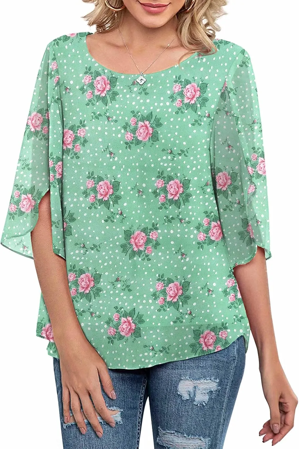 Neineiwu Womens Casual Scoop Neck Loose Top 3/4 Sleeve Chiffon Blouse Shirt Tops