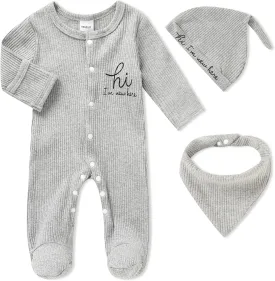 Newborn Infant Baby Boy Coming Homing Clothes Letter Print Button Knit Footed Romper Jumpsuit Hat Bibs 3pcs Outfit