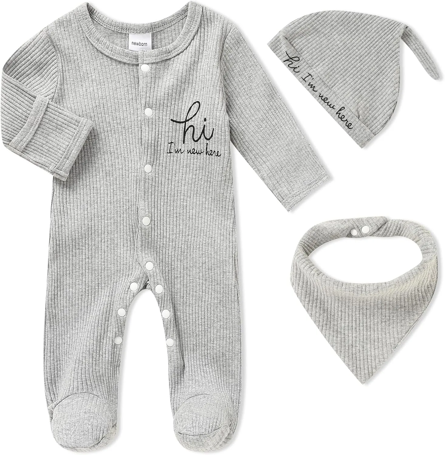 Newborn Infant Baby Boy Coming Homing Clothes Letter Print Button Knit Footed Romper Jumpsuit Hat Bibs 3pcs Outfit
