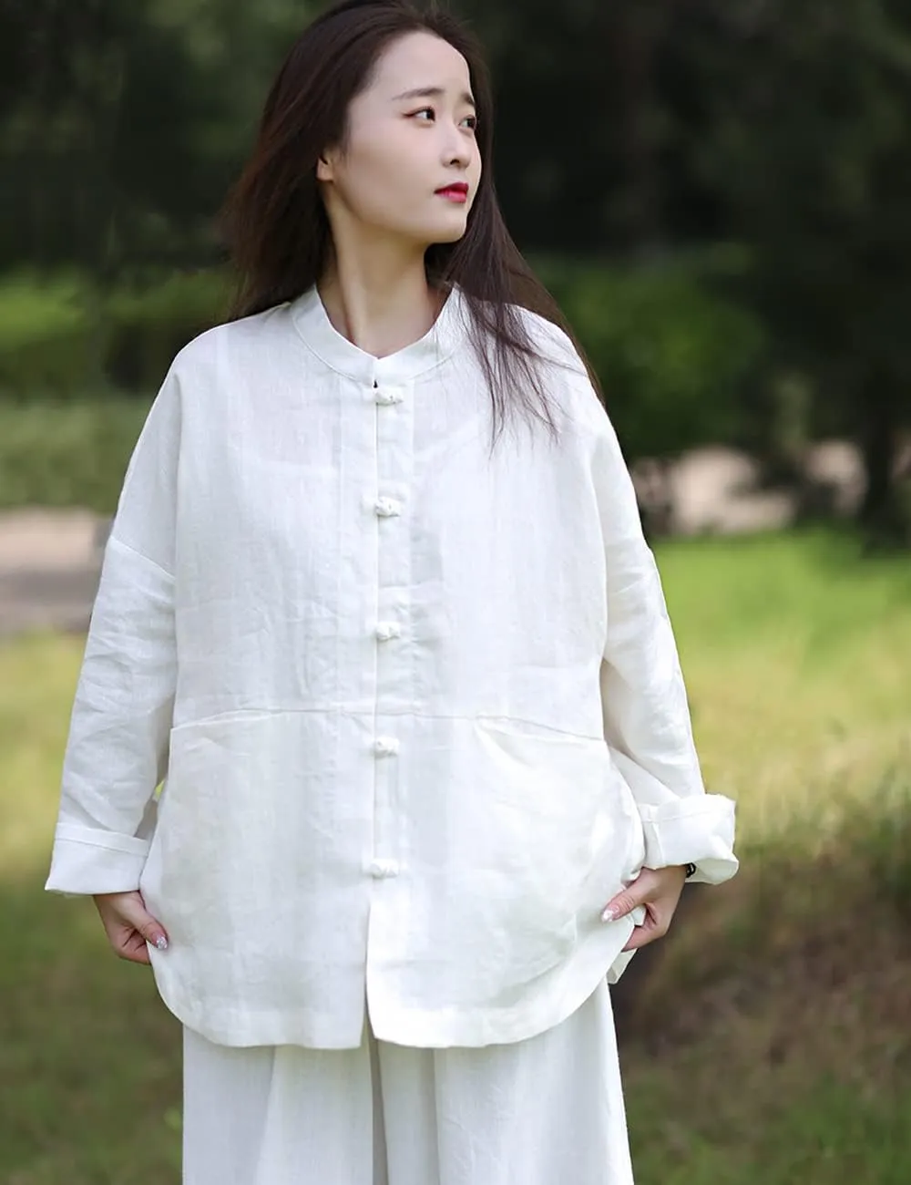 NFYM Women's Linen Shirts Casual Loose Long Sleeve Mandarin Collar Asian Chinese Tang Suit Tops Blouse