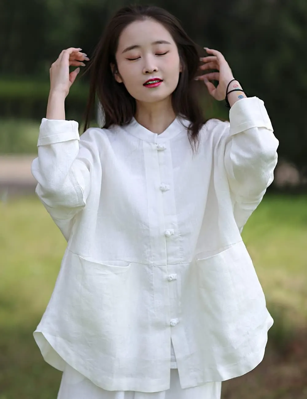 NFYM Women's Linen Shirts Casual Loose Long Sleeve Mandarin Collar Asian Chinese Tang Suit Tops Blouse