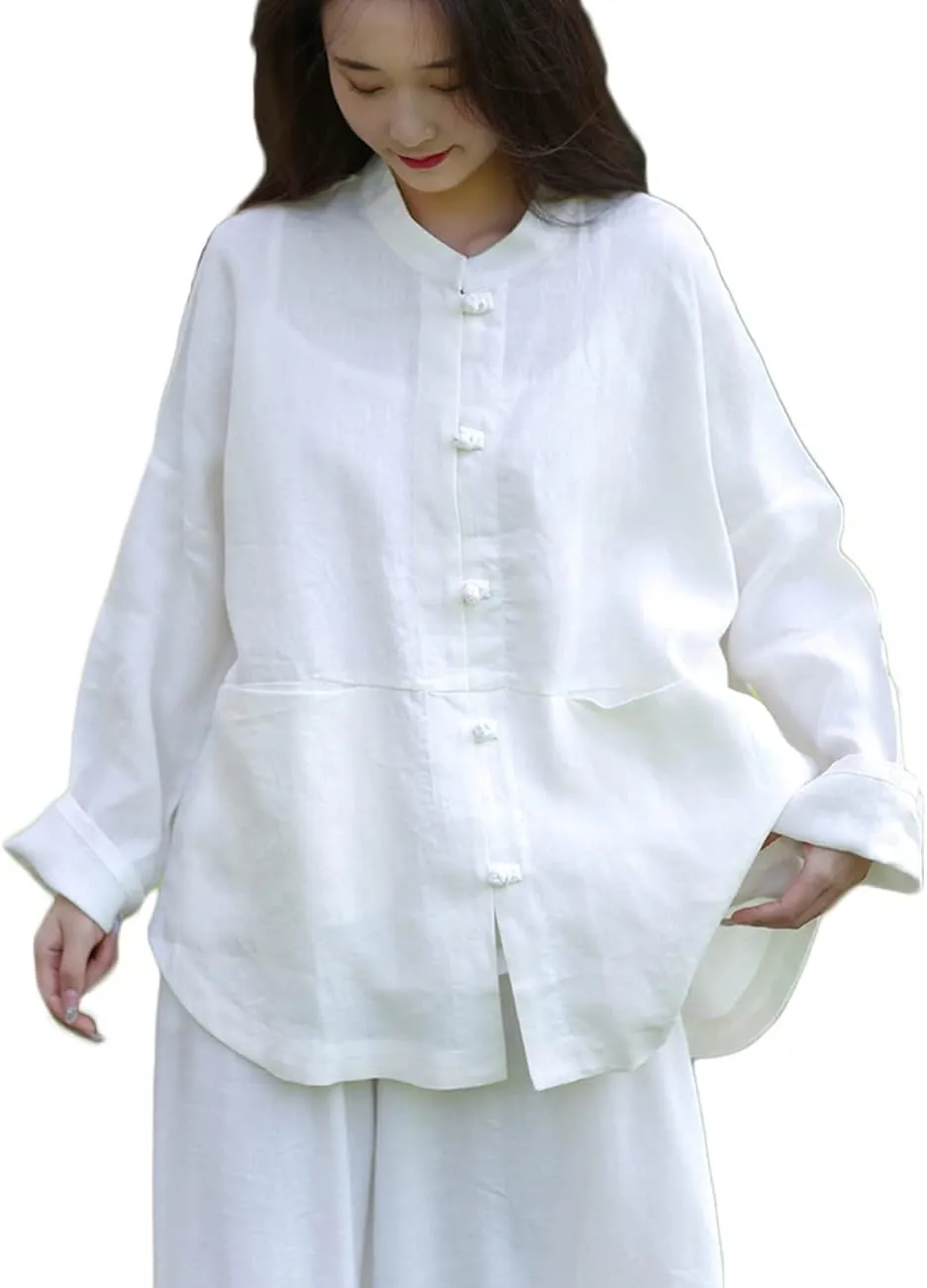 NFYM Women's Linen Shirts Casual Loose Long Sleeve Mandarin Collar Asian Chinese Tang Suit Tops Blouse