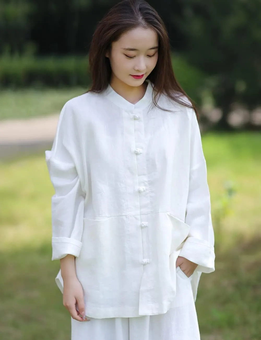 NFYM Women's Linen Shirts Casual Loose Long Sleeve Mandarin Collar Asian Chinese Tang Suit Tops Blouse