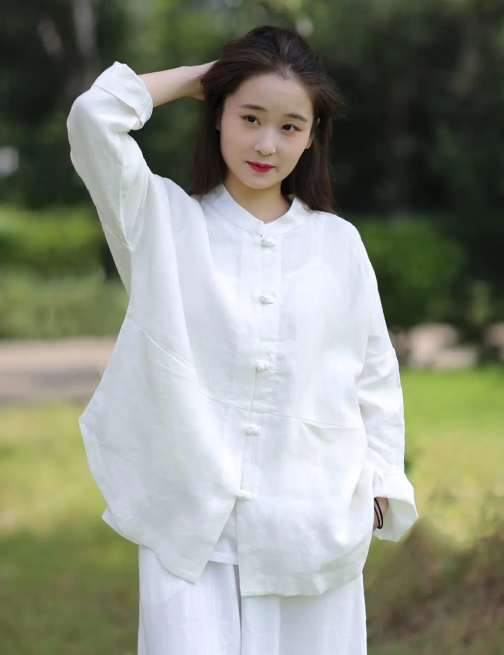 NFYM Women's Linen Shirts Casual Loose Long Sleeve Mandarin Collar Asian Chinese Tang Suit Tops Blouse