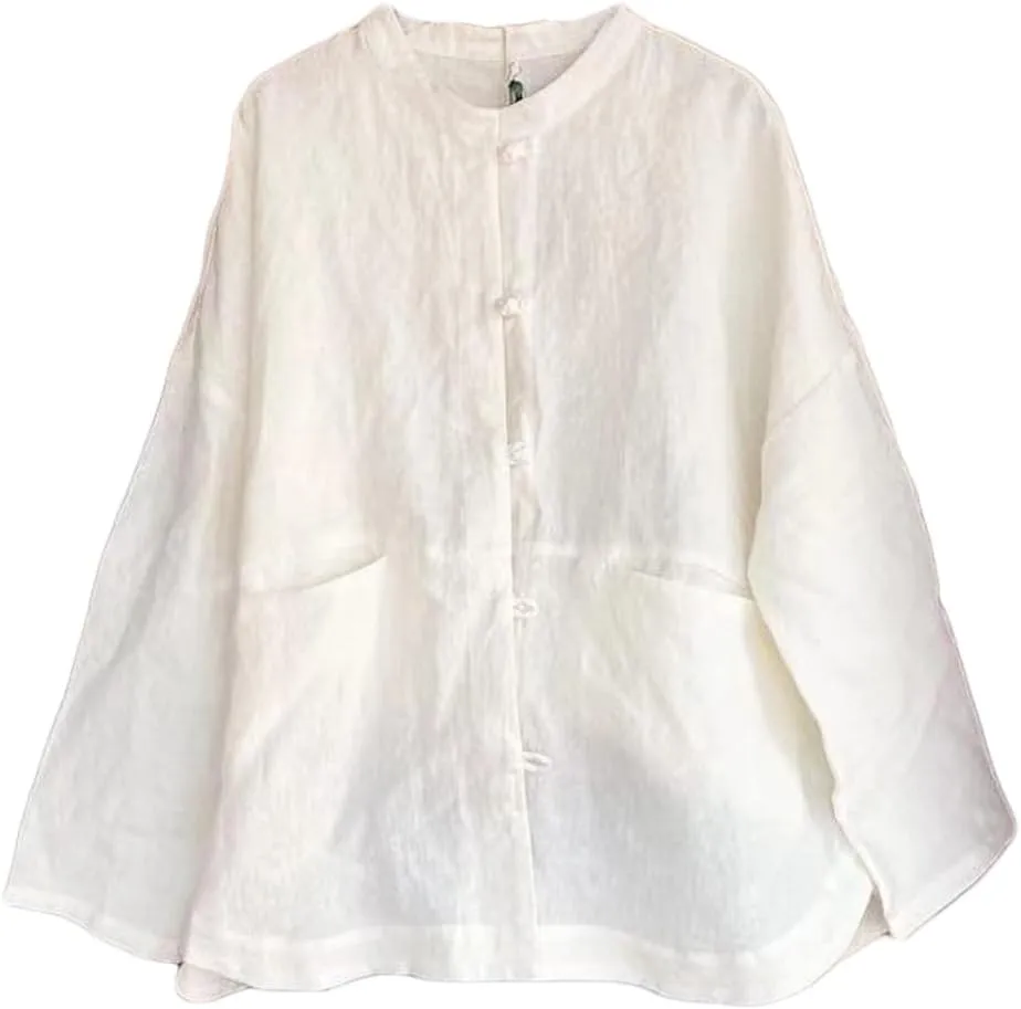 NFYM Women's Linen Shirts Casual Loose Long Sleeve Mandarin Collar Asian Chinese Tang Suit Tops Blouse