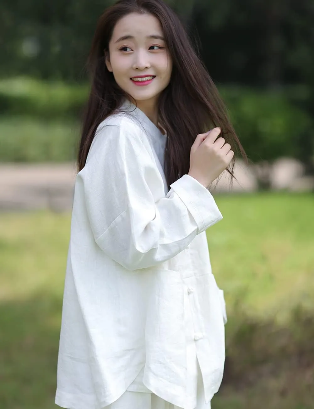 NFYM Women's Linen Shirts Casual Loose Long Sleeve Mandarin Collar Asian Chinese Tang Suit Tops Blouse