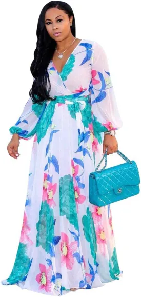 Nuofengkudu Womens Chiffon Deep V-Neck Stripe Printed Maxi Dress Unique Loose Summer Boho Dresses High Waiste(S-5XL)