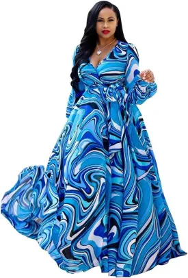Nuofengkudu Womens Chiffon Deep V-Neck Stripe Printed Maxi Dress Unique Loose Summer Boho Dresses High Waiste(S-5XL)