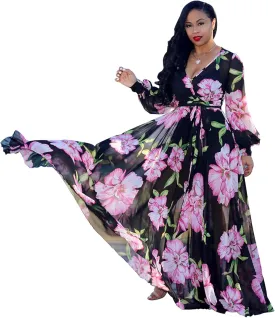 Nuofengkudu Womens Chiffon Deep V-Neck Stripe Printed Maxi Dress Unique Loose Summer Boho Dresses High Waiste(S-5XL)