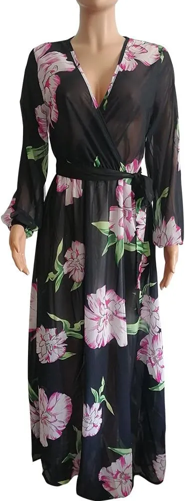 Nuofengkudu Womens Chiffon Deep V-Neck Stripe Printed Maxi Dress Unique Loose Summer Boho Dresses High Waiste(S-5XL)