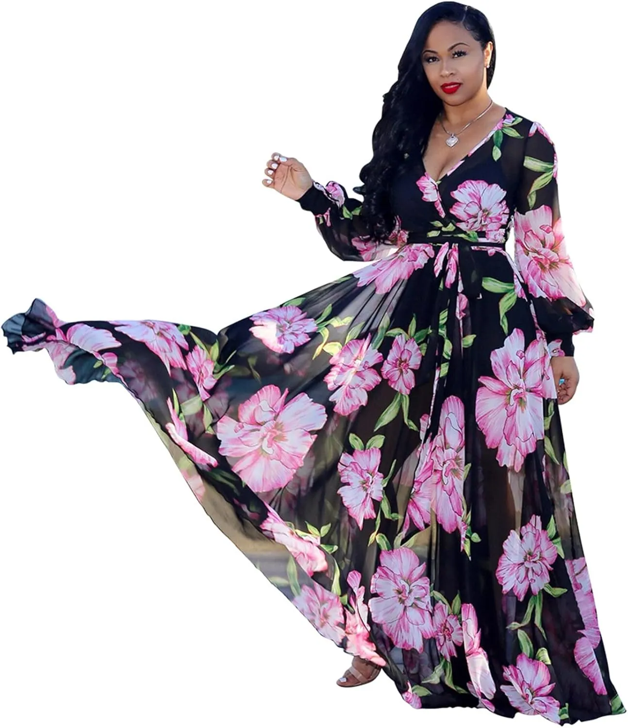 Nuofengkudu Womens Chiffon Deep V-Neck Stripe Printed Maxi Dress Unique Loose Summer Boho Dresses High Waiste(S-5XL)
