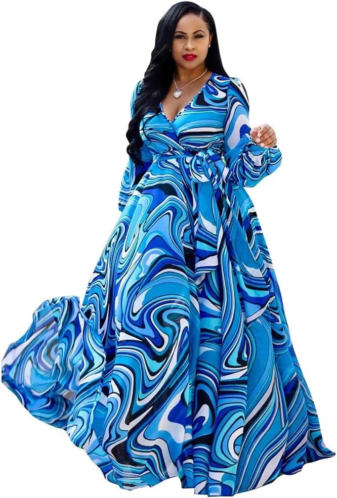 Nuofengkudu Womens Chiffon Deep V-Neck Stripe Printed Maxi Dress Unique Loose Summer Boho Dresses High Waiste(S-5XL)