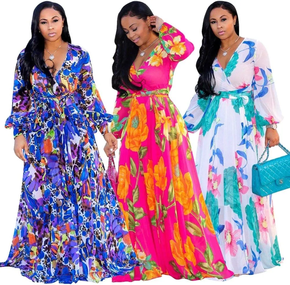 Nuofengkudu Womens Chiffon Deep V-Neck Stripe Printed Maxi Dress Unique Loose Summer Boho Dresses High Waiste(S-5XL)