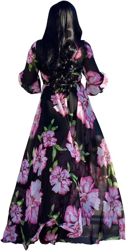 Nuofengkudu Womens Chiffon Deep V-Neck Stripe Printed Maxi Dress Unique Loose Summer Boho Dresses High Waiste(S-5XL)