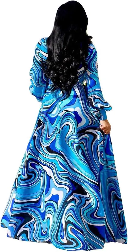 Nuofengkudu Womens Chiffon Deep V-Neck Stripe Printed Maxi Dress Unique Loose Summer Boho Dresses High Waiste(S-5XL)