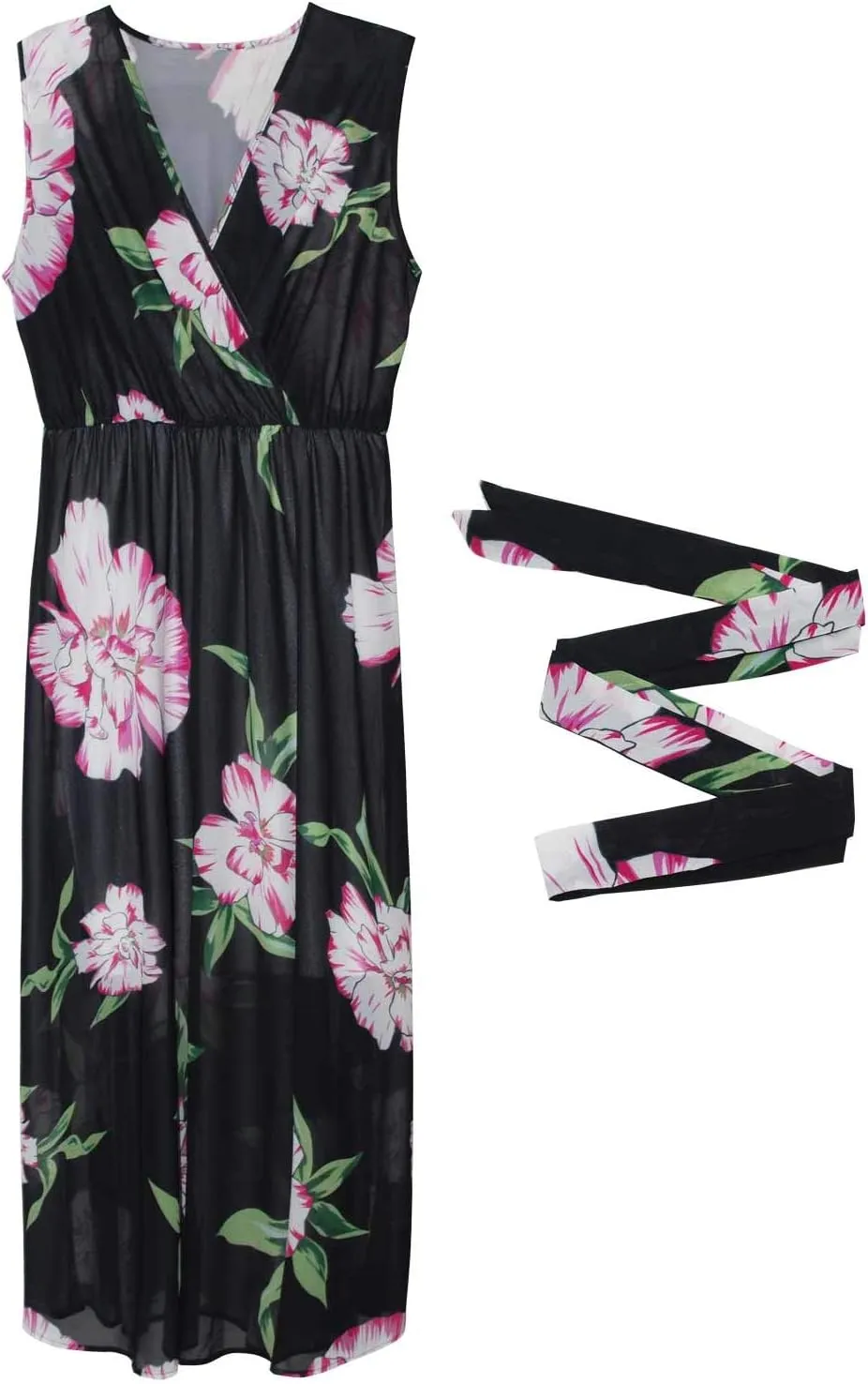 Nuofengkudu Womens Chiffon Deep V-Neck Stripe Printed Maxi Dress Unique Loose Summer Boho Dresses High Waiste(S-5XL)