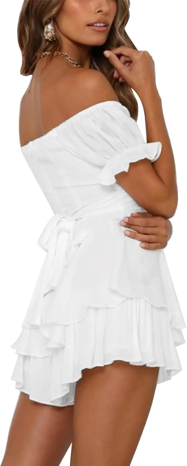 Off the Shoulder Rompers for Women Dressy Short/Long Sleeve Romper Ruffle Layer Back Tie Mini Short Jumpsuits