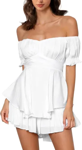Off the Shoulder Rompers for Women Dressy Short/Long Sleeve Romper Ruffle Layer Back Tie Mini Short Jumpsuits