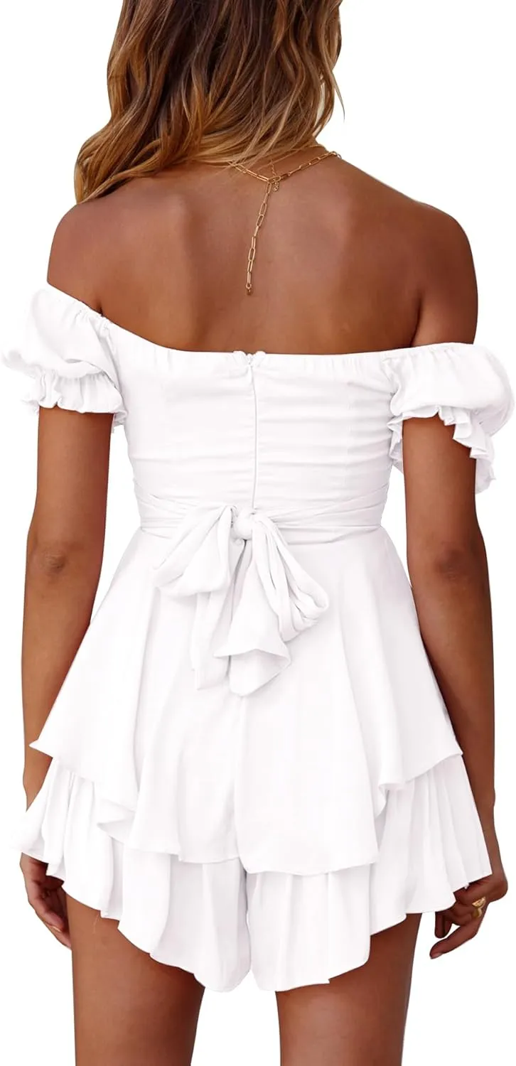 Off the Shoulder Rompers for Women Dressy Short/Long Sleeve Romper Ruffle Layer Back Tie Mini Short Jumpsuits