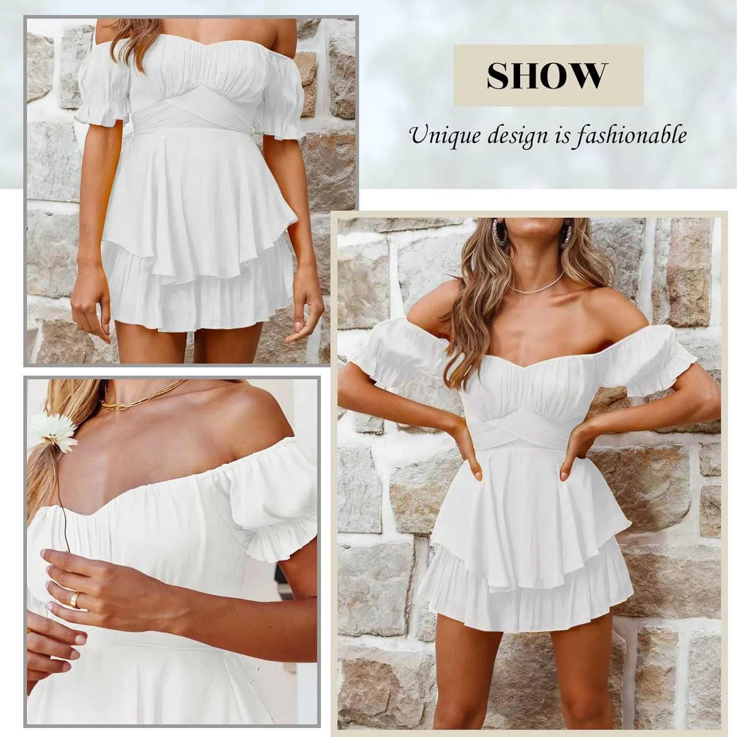 Off the Shoulder Rompers for Women Dressy Short/Long Sleeve Romper Ruffle Layer Back Tie Mini Short Jumpsuits