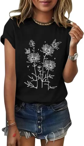 ORANDESIGNE Women's Sunflower Butterfly Print T Shirts Graphic Short Sleeve Tees Casual Crewneck Tops