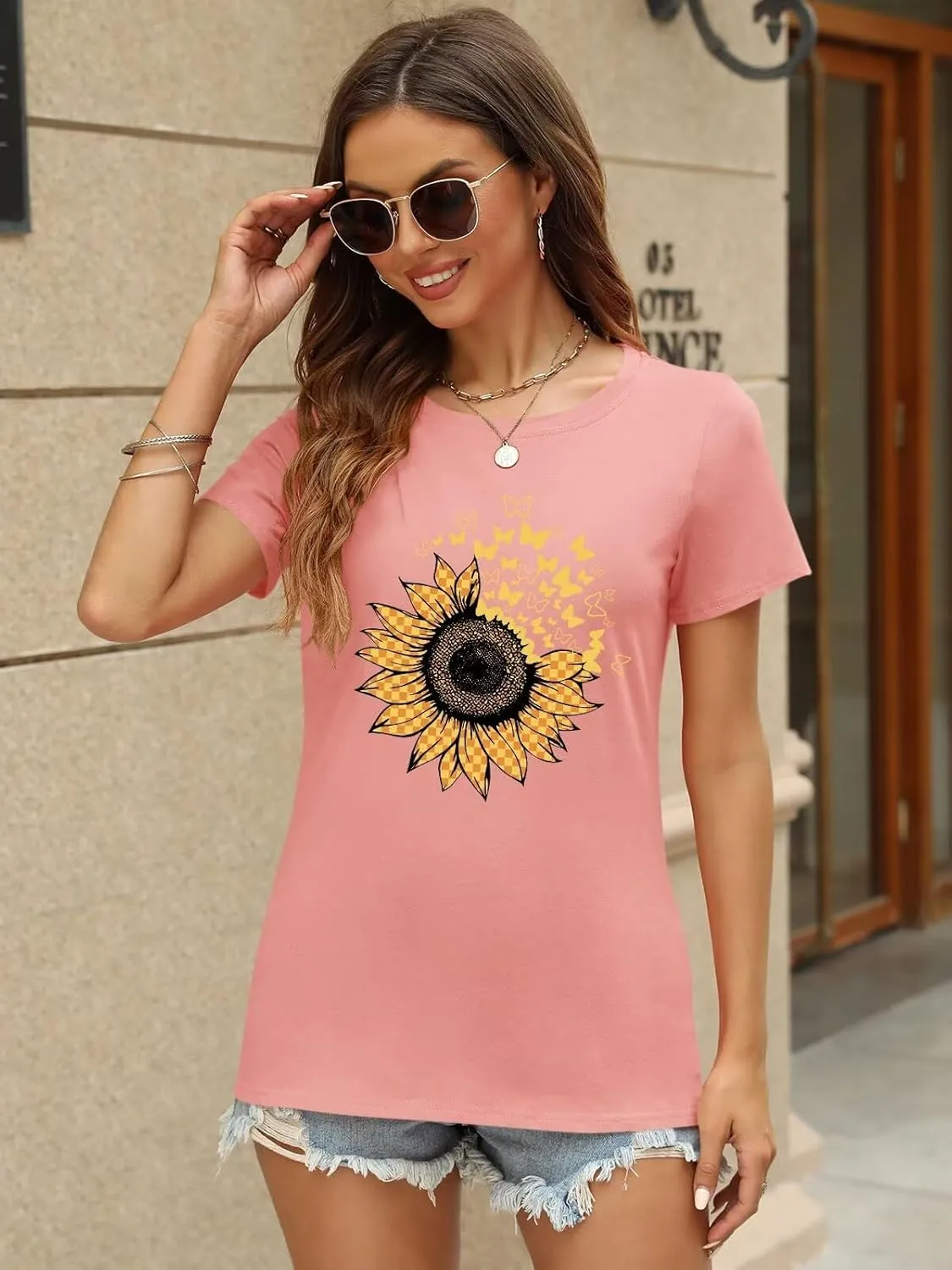 ORANDESIGNE Women's Sunflower Butterfly Print T Shirts Graphic Short Sleeve Tees Casual Crewneck Tops