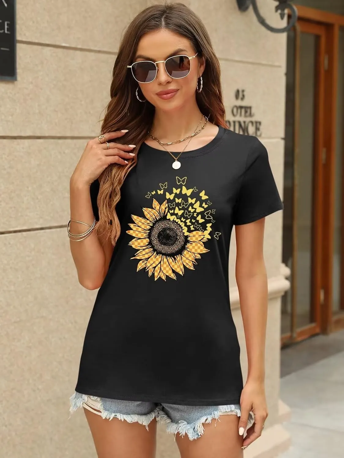 ORANDESIGNE Women's Sunflower Butterfly Print T Shirts Graphic Short Sleeve Tees Casual Crewneck Tops