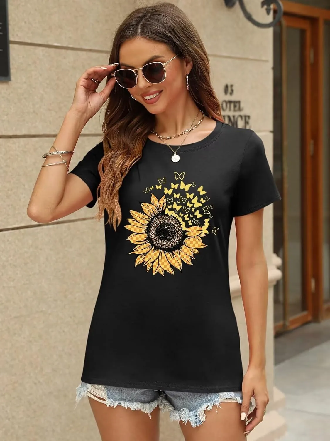 ORANDESIGNE Women's Sunflower Butterfly Print T Shirts Graphic Short Sleeve Tees Casual Crewneck Tops