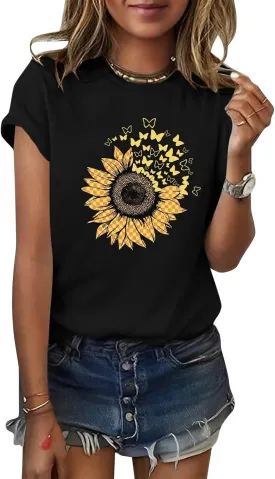 ORANDESIGNE Women's Sunflower Butterfly Print T Shirts Graphic Short Sleeve Tees Casual Crewneck Tops