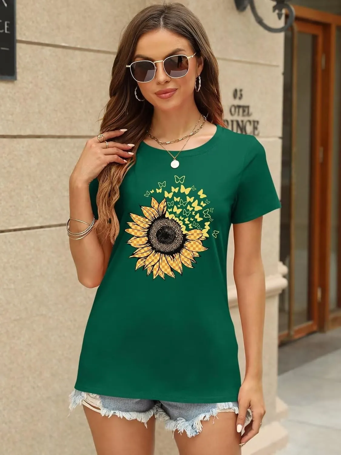 ORANDESIGNE Women's Sunflower Butterfly Print T Shirts Graphic Short Sleeve Tees Casual Crewneck Tops