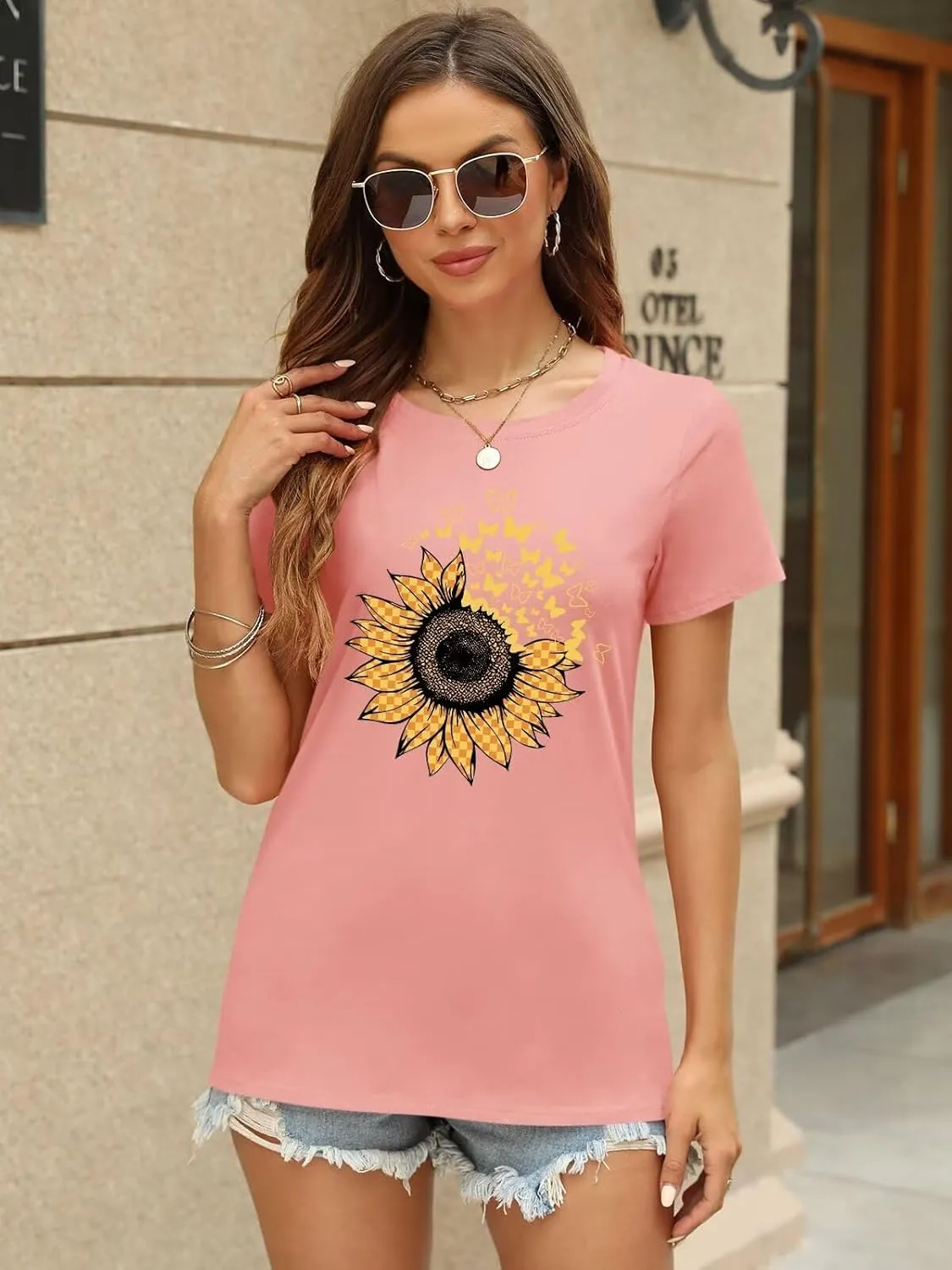 ORANDESIGNE Women's Sunflower Butterfly Print T Shirts Graphic Short Sleeve Tees Casual Crewneck Tops