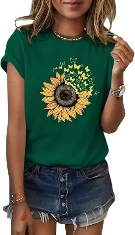 ORANDESIGNE Women's Sunflower Butterfly Print T Shirts Graphic Short Sleeve Tees Casual Crewneck Tops