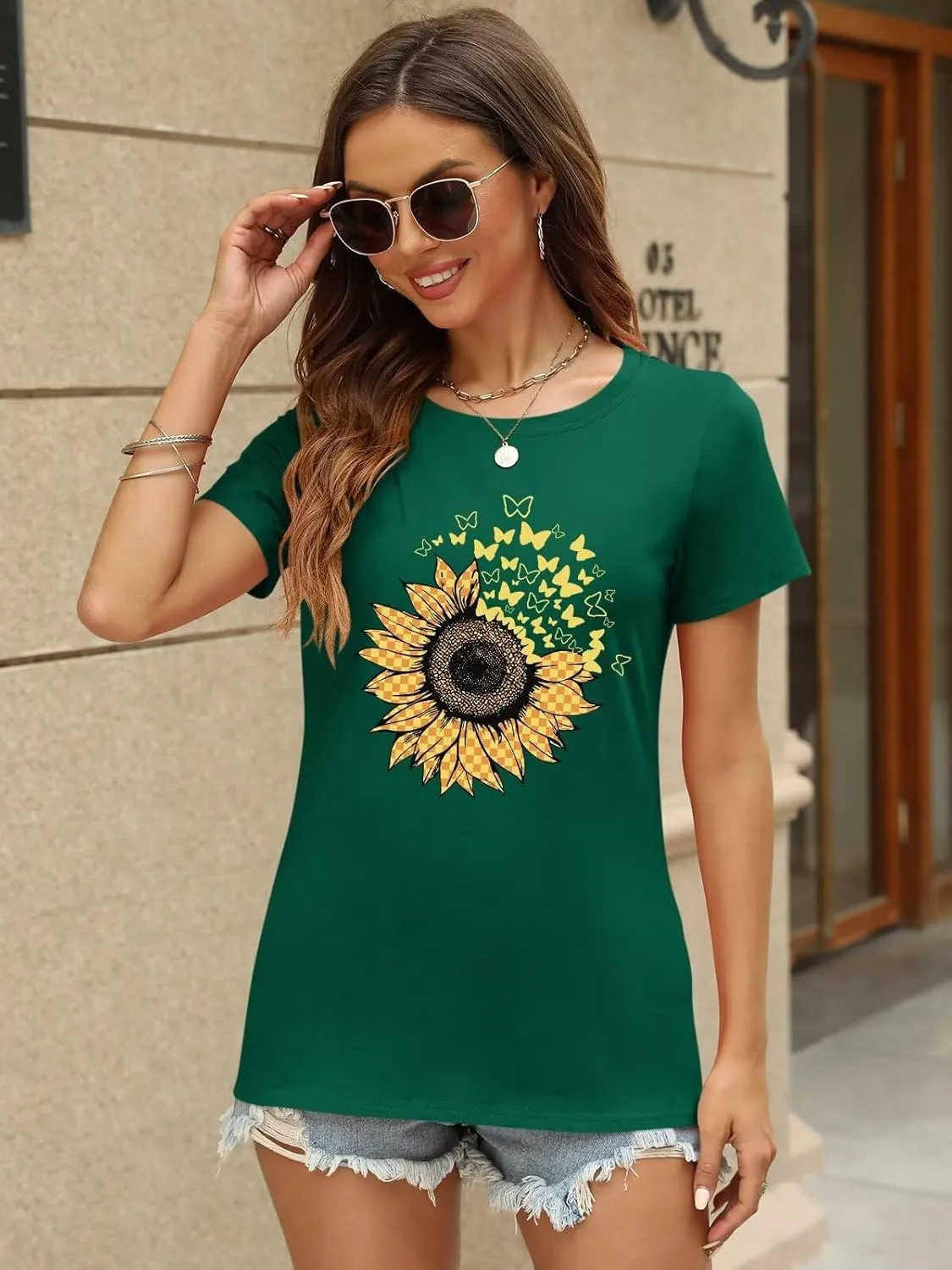 ORANDESIGNE Women's Sunflower Butterfly Print T Shirts Graphic Short Sleeve Tees Casual Crewneck Tops