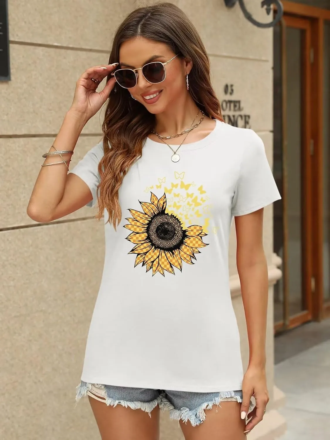ORANDESIGNE Women's Sunflower Butterfly Print T Shirts Graphic Short Sleeve Tees Casual Crewneck Tops