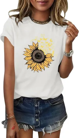 ORANDESIGNE Women's Sunflower Butterfly Print T Shirts Graphic Short Sleeve Tees Casual Crewneck Tops