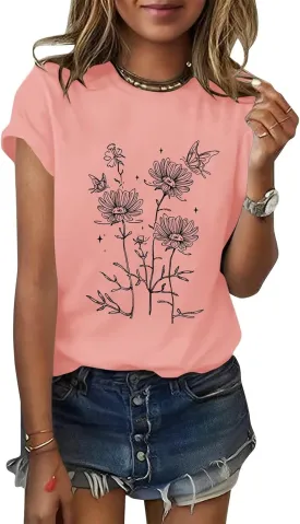 ORANDESIGNE Women's Sunflower Butterfly Print T Shirts Graphic Short Sleeve Tees Casual Crewneck Tops