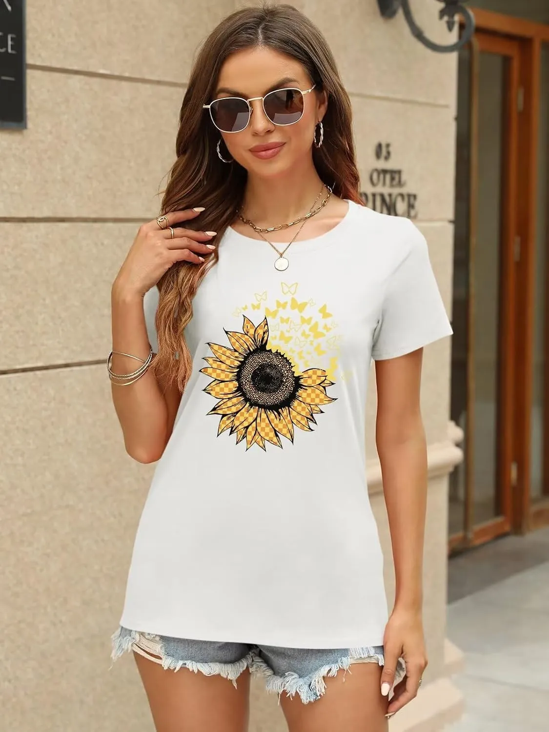 ORANDESIGNE Women's Sunflower Butterfly Print T Shirts Graphic Short Sleeve Tees Casual Crewneck Tops