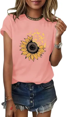 ORANDESIGNE Women's Sunflower Butterfly Print T Shirts Graphic Short Sleeve Tees Casual Crewneck Tops