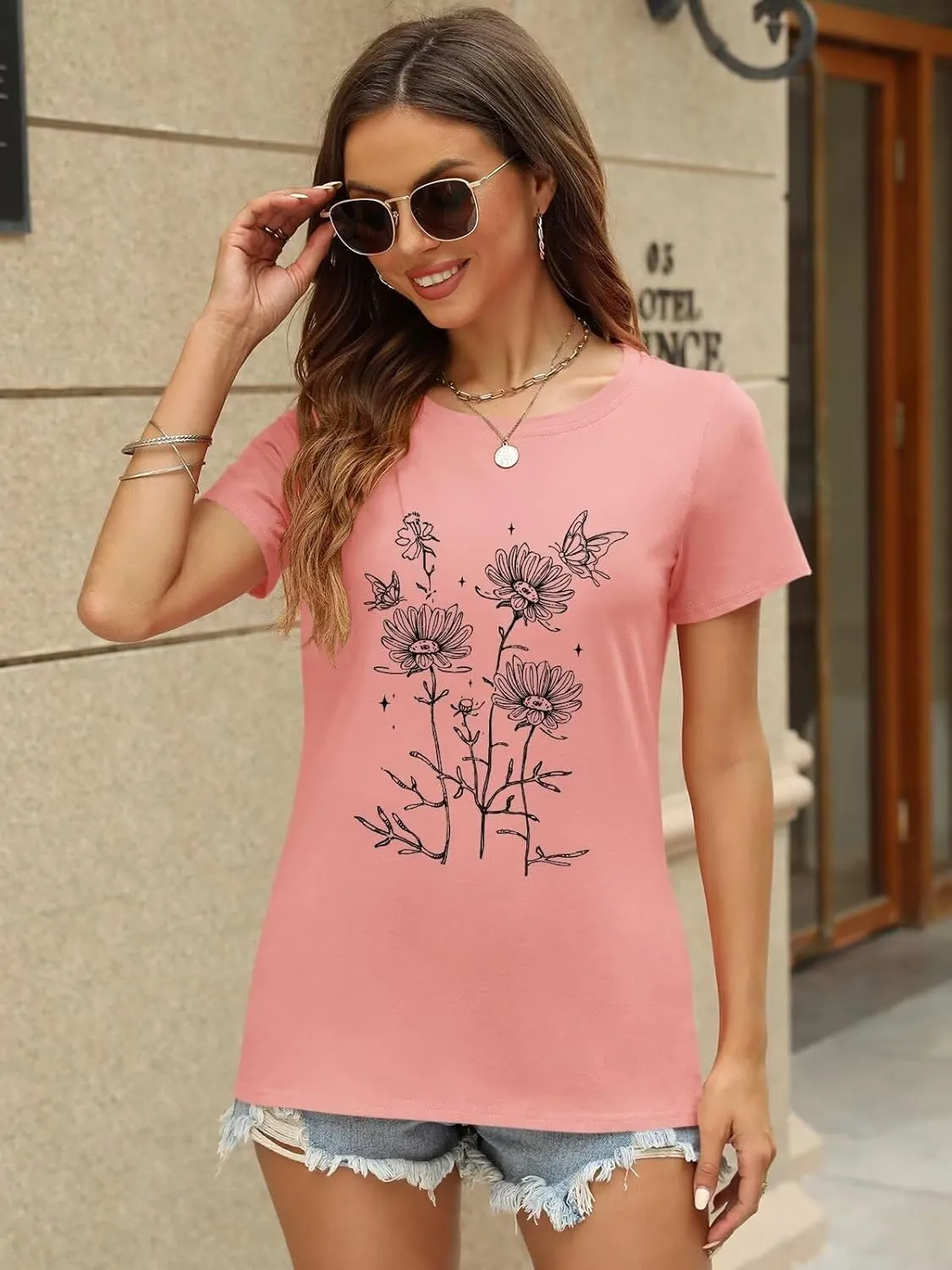 ORANDESIGNE Women's Sunflower Butterfly Print T Shirts Graphic Short Sleeve Tees Casual Crewneck Tops