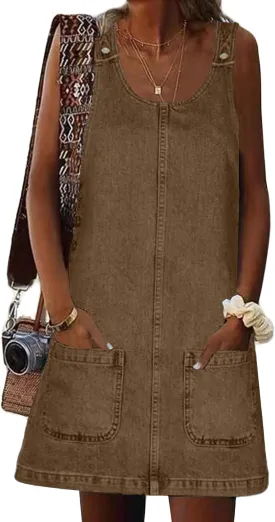 Overall Dress for Women Denim Dress Denim Overall Round Neck Skirtall Jean Dress Denim Jumper Dress Pinafore