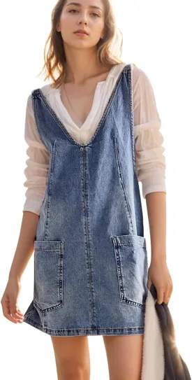 Overall Dress for Women Denim Dress Overall High Roller Skirtall Jean Denim Jumper Pinafore