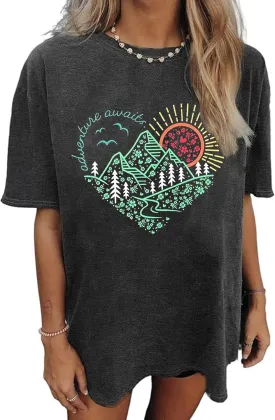 Oversized Find Your Road T-Shirt for Women Hiking Camping Shirt Faith Move Mountain Graphic T Shirts