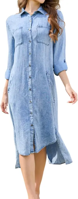 OVRUNS Women Denim Shirt Dress Long Sleeve Roll-Tab Cuffs Lapel High-Low Hem Midi Length Button Down Jean Dress with Pockets