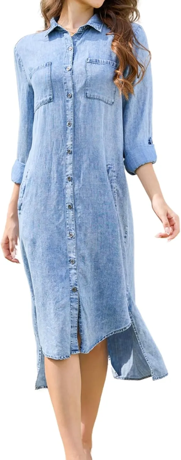 OVRUNS Women Denim Shirt Dress Long Sleeve Roll-Tab Cuffs Lapel High-Low Hem Midi Length Button Down Jean Dress with Pockets