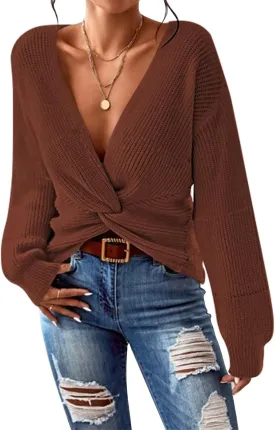 Pink Queen Women's 2024 Casual Pullover Sweaters Sexy V Neck Long Sleeve Twist Knot Cropped Knit Sweater Tops