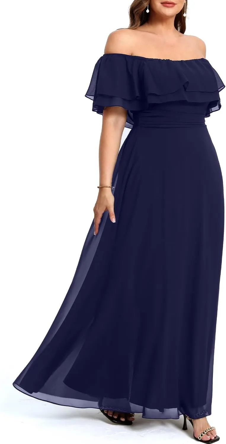 Pinup Fashion Women's Bridesmaid Dresses for Wedding Plus Size Formal Off The Shoulder Chiffon Maxi Dresses