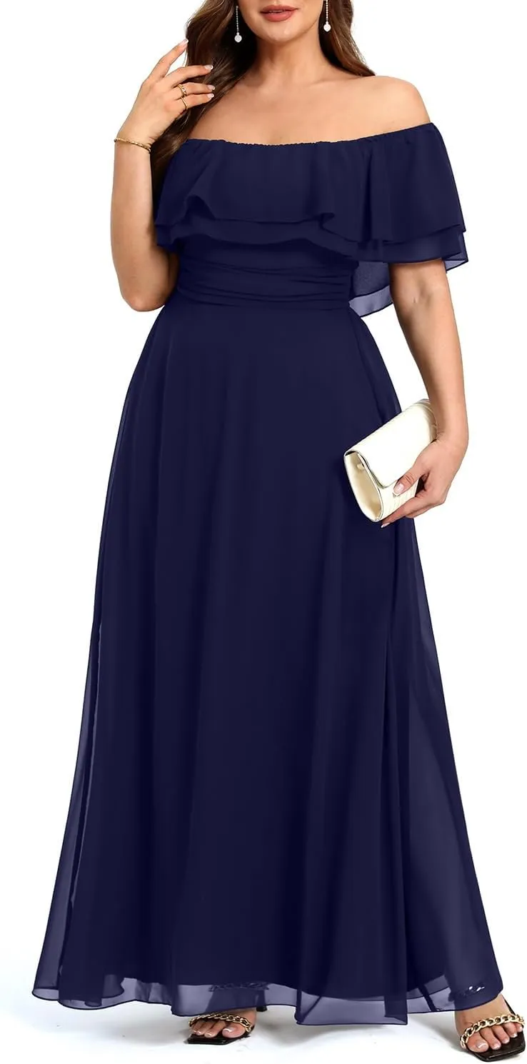 Pinup Fashion Women's Bridesmaid Dresses for Wedding Plus Size Formal Off The Shoulder Chiffon Maxi Dresses