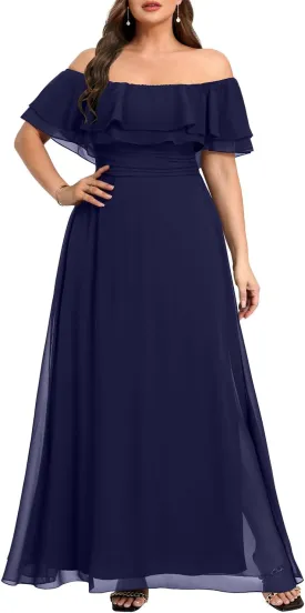 Pinup Fashion Women's Bridesmaid Dresses for Wedding Plus Size Formal Off The Shoulder Chiffon Maxi Dresses